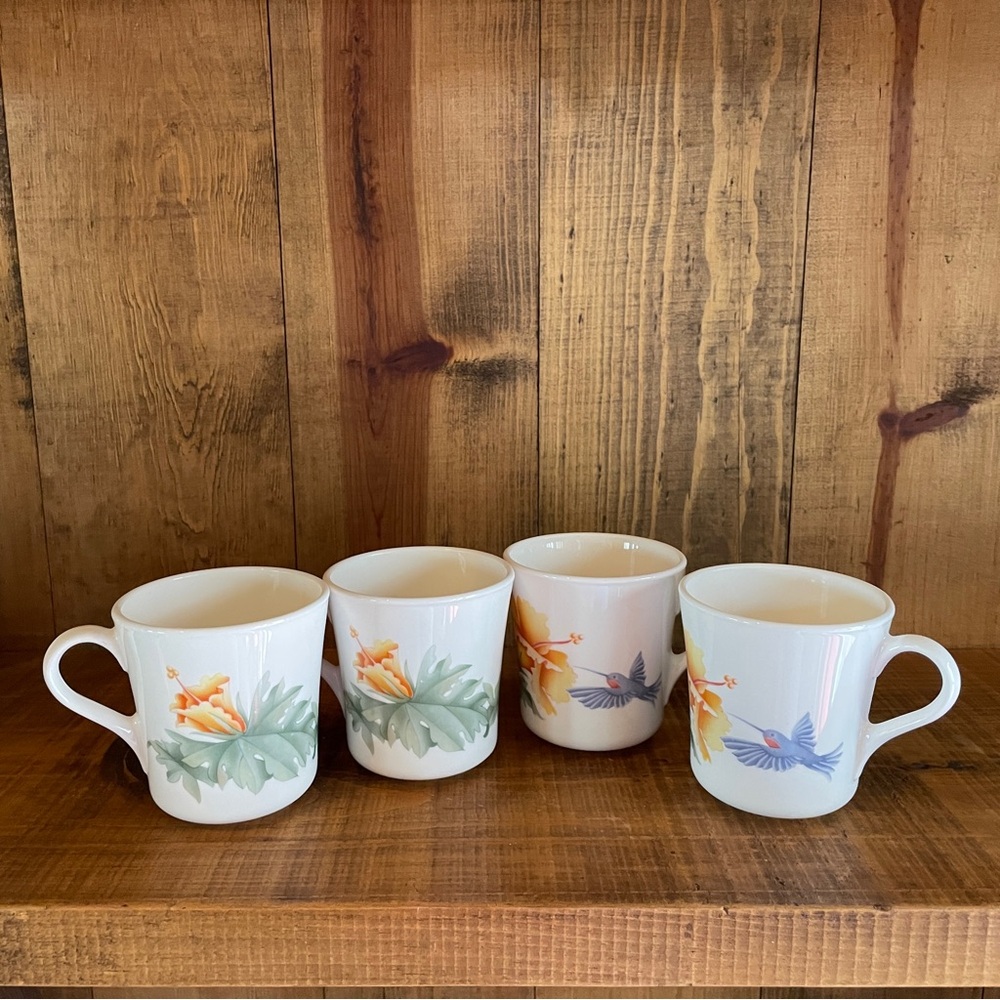 Corelle Corning Hummingbird Hibiscus Coffee Cups Mugs 8 oz. Bundle of 4